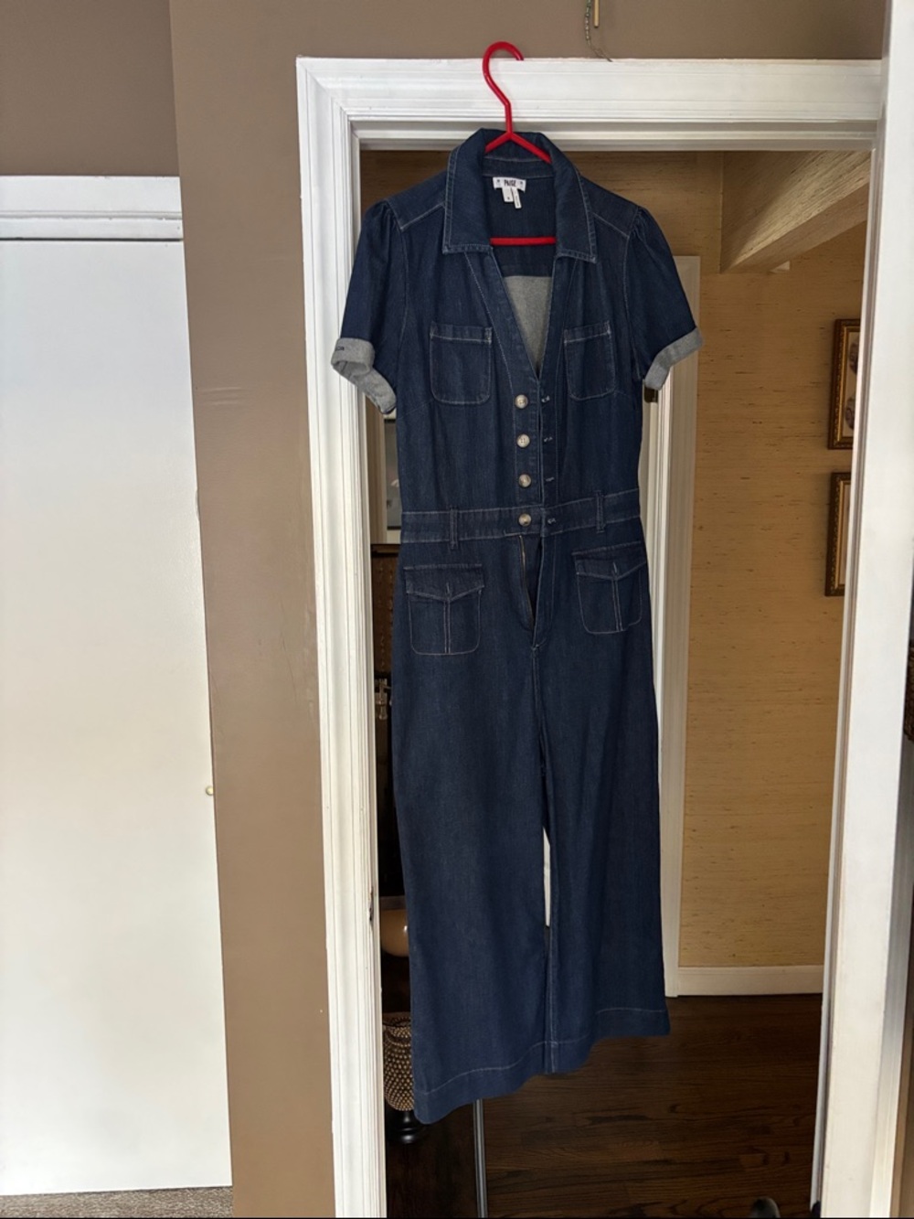 PAIGE Dark Indigo Short Sleeve Denim Jumpsuit